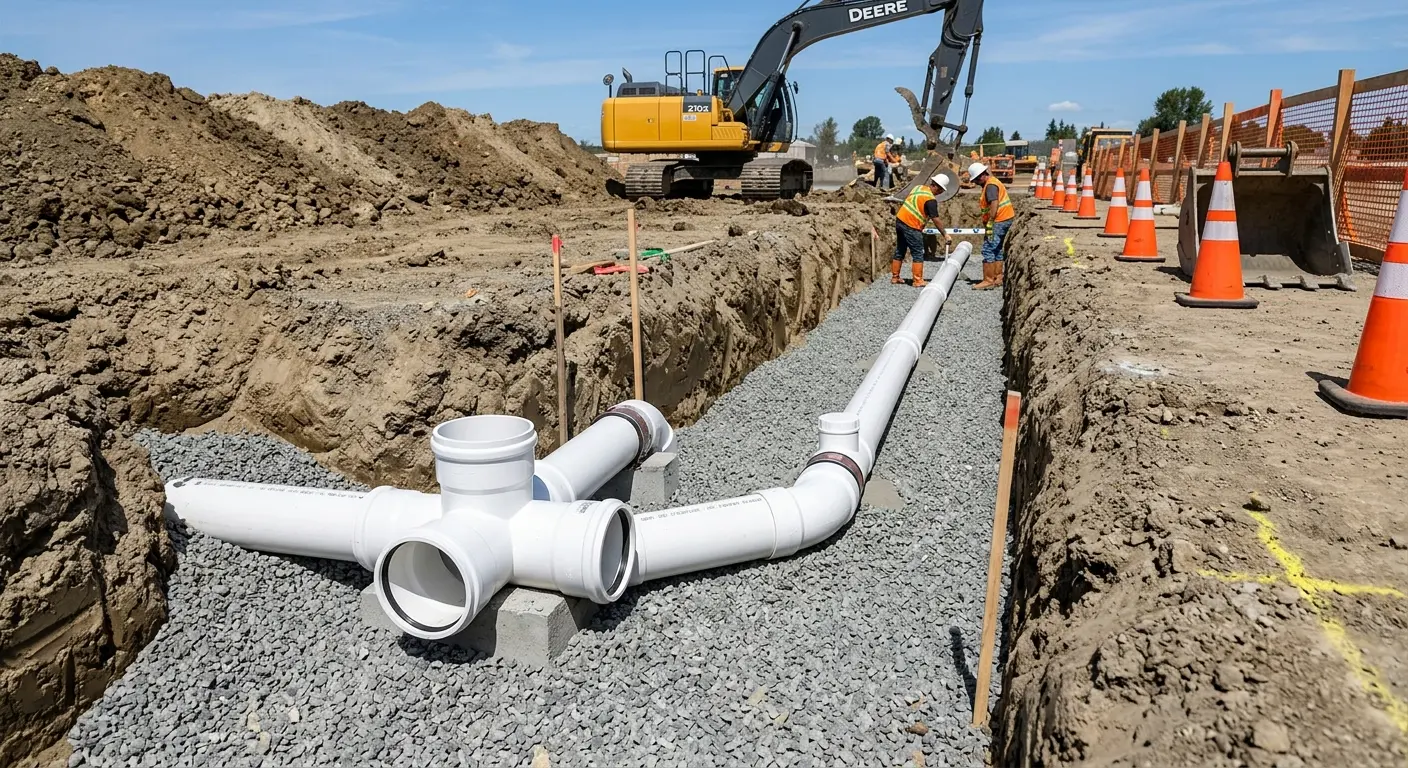 New PVC sewer pipe installation in open trench for Sewer Backup in Keansburg