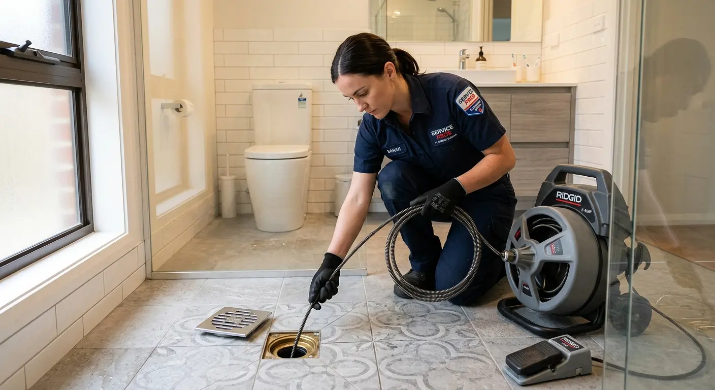 Technician clearing a bathroom floor drain for Drain Cleaning in Keansburg